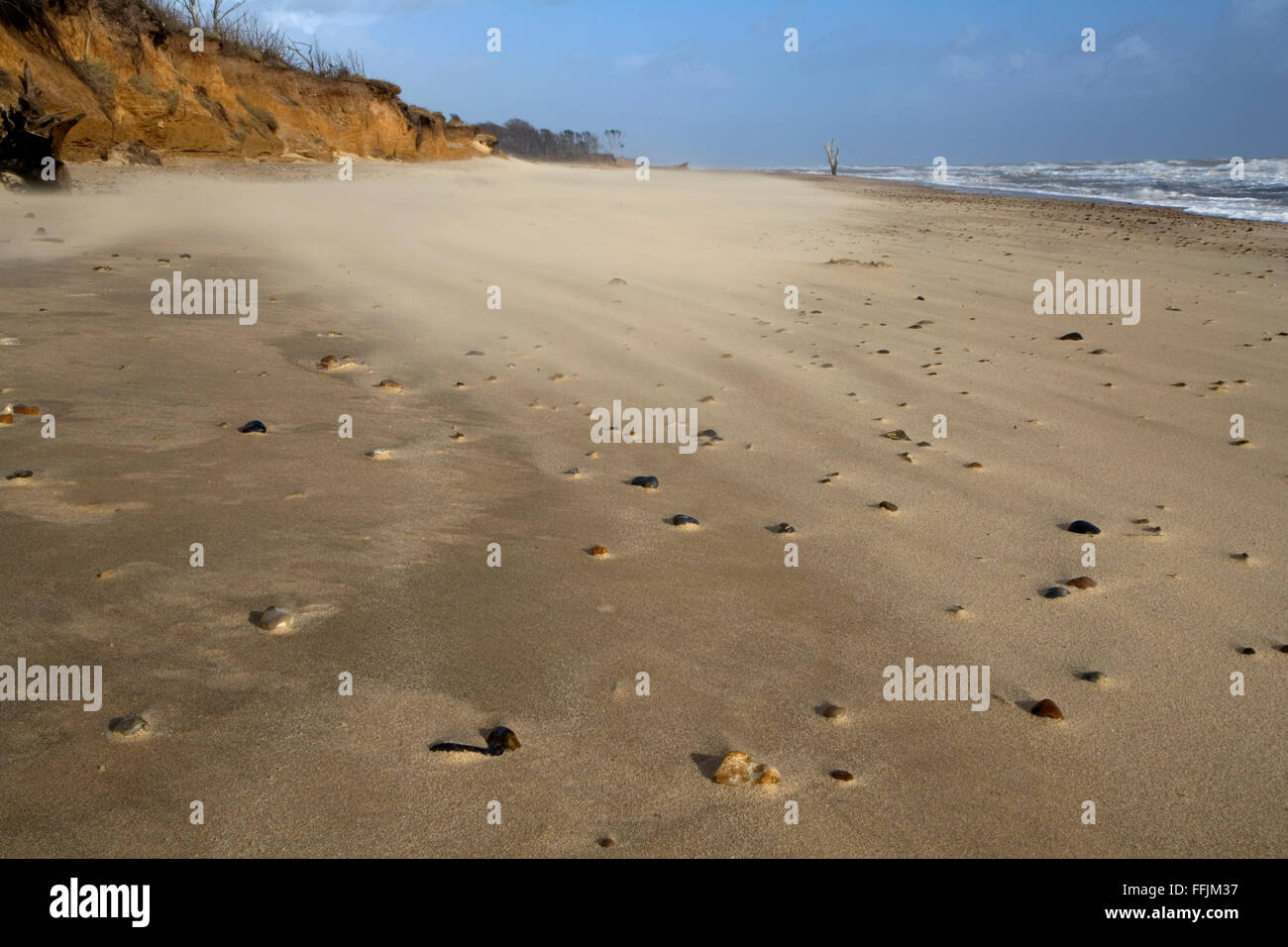 Le sable sur la plage, avec des cailloux Covehithe partiellement couvert dans du sable et falaises en ruine à l'arrière-plan, Covehithe Banque D'Images
