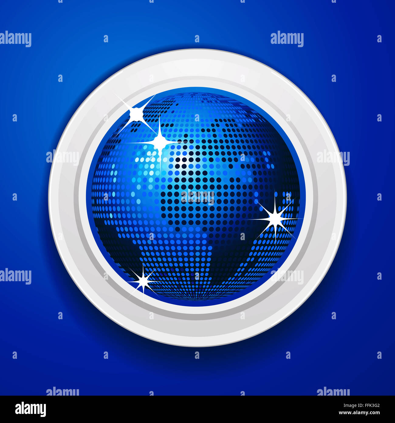 Blue World Globe Disco Ball Style circulaire sur le cadre blanc sur fond bleu Banque D'Images