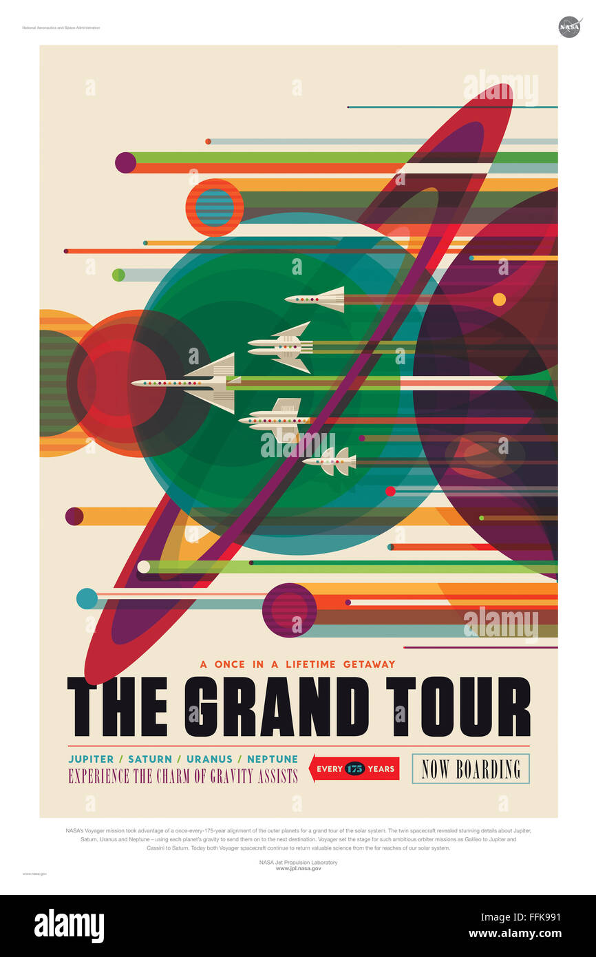 Voyages affiche créée par la NASA Jet Propulsion Lab vanter les mérites des voyages touristiques au monde lointain. (Courtesy NASA/JPL-Caltech) usage éditorial uniquement. Banque D'Images