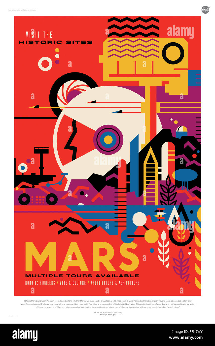 Billet affiche créée par la NASA Jet Propulsion Lab vanter les mérites des voyages touristiques au monde lointain. (Courtesy NASA/JPL-Caltech) usage éditorial uniquement. Banque D'Images