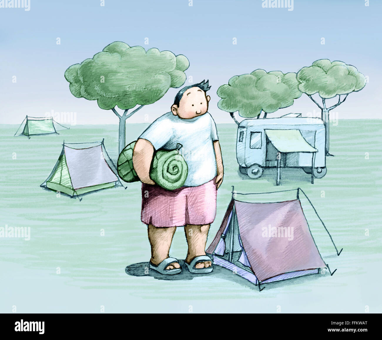 Un garçon joufflu ressemble à une petite tente où il doit dormir Banque D'Images