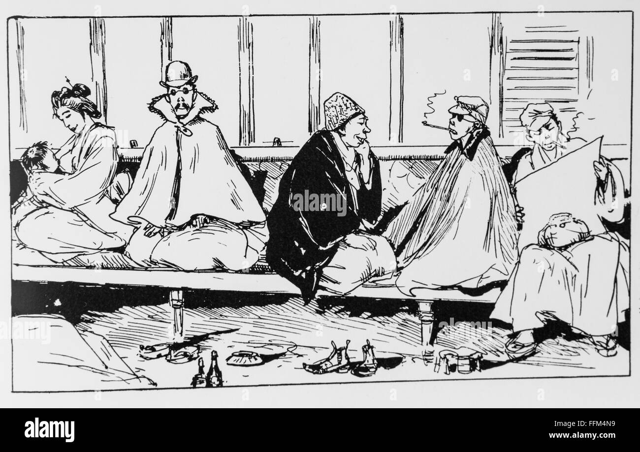 Caricature de Georges Ferdinand Bigot (1860-1927) second class les passagers dans le train. 1899. Banque D'Images