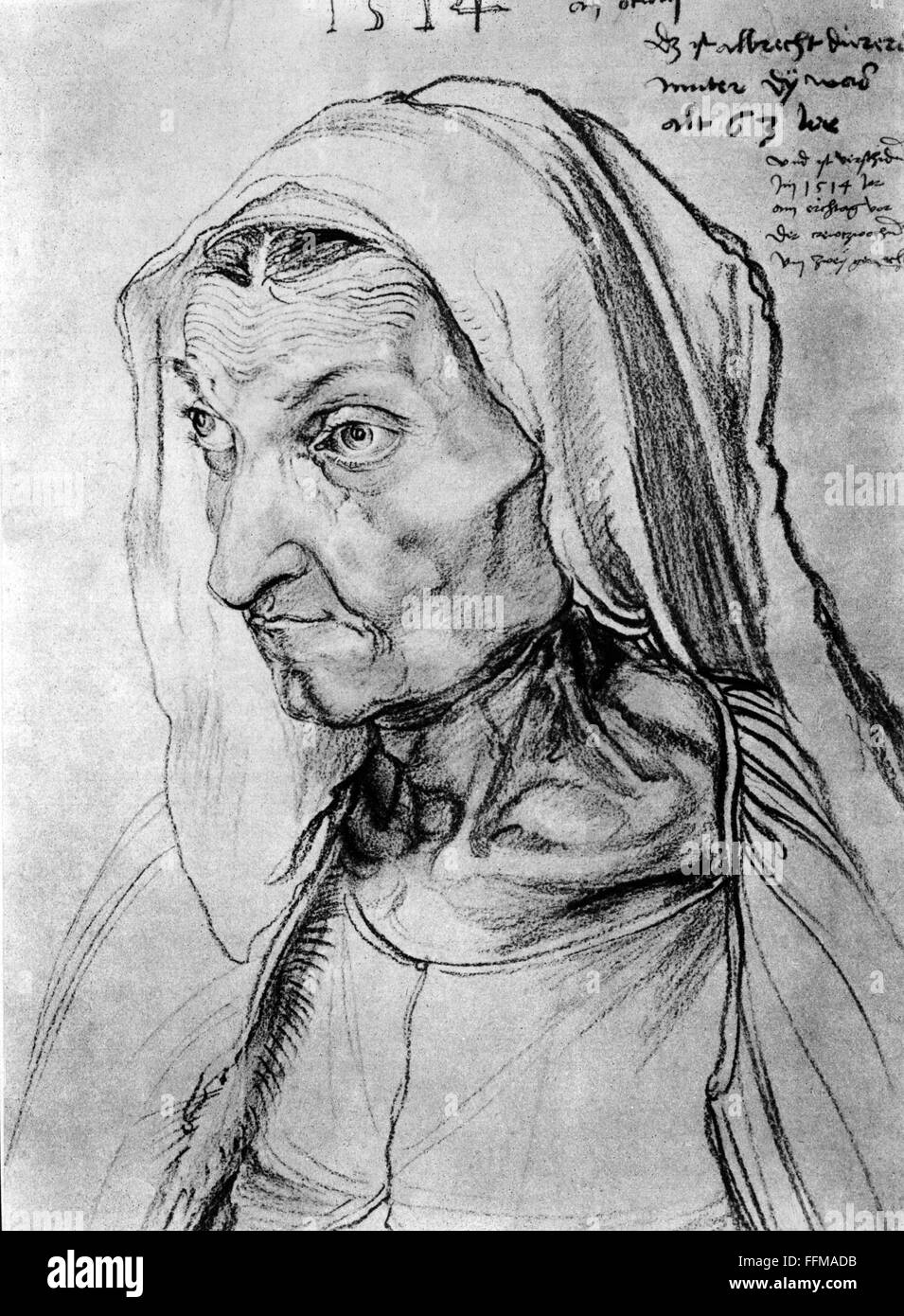 Duerer, Barbara, 1452 - 16.5.1514, mère de Albert Duerer, 'Portrait de la mère malade mortellement', dessin au fusain par Albert Duerer, Nuremberg, 1514, l'artiste n'a pas d'auteur pour être effacé Banque D'Images