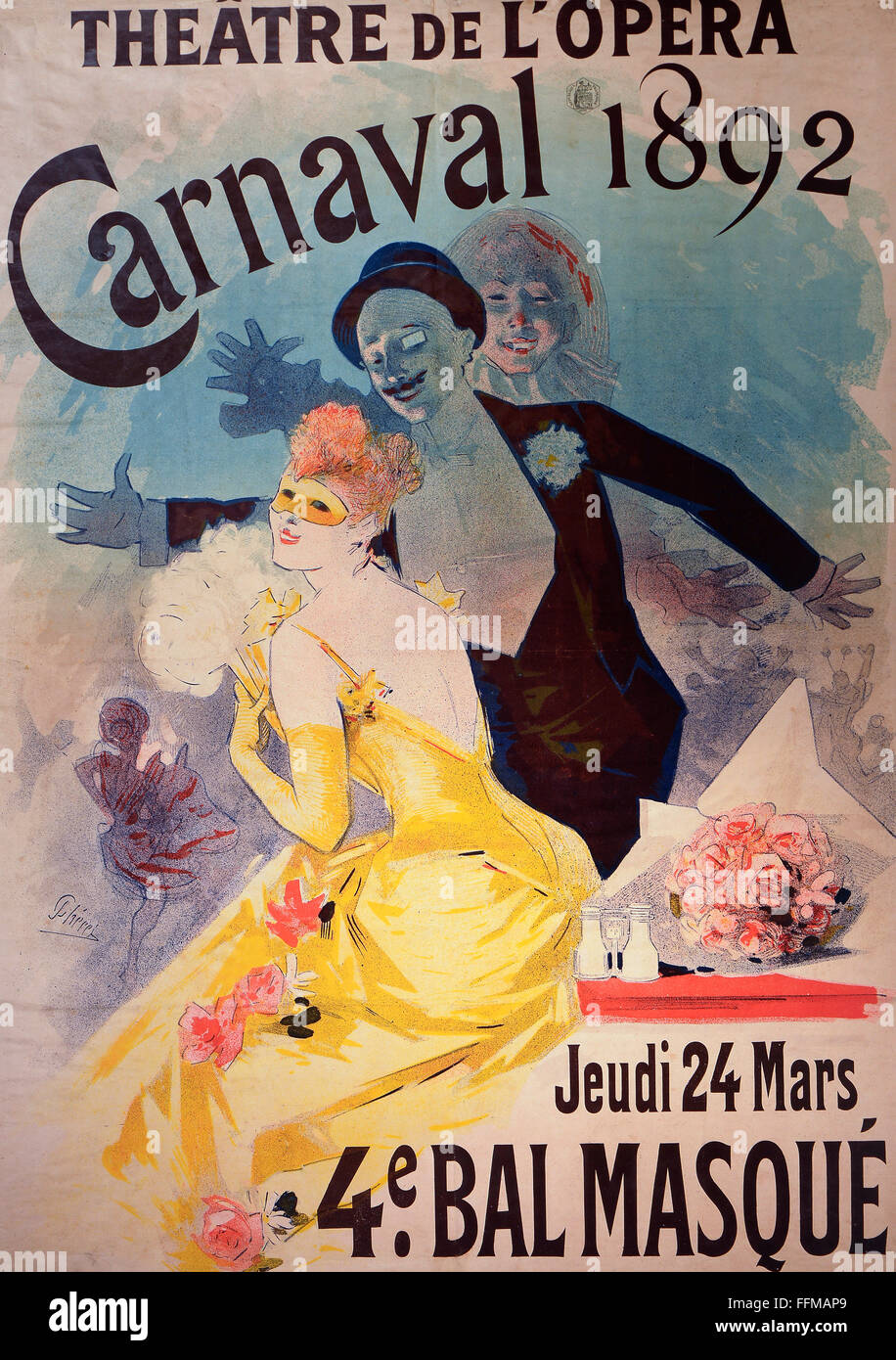 Affiches, affiche publicitaire pour le carnaval 1892 au Théâtre de l'Opéra, par Jules Cheret (1836 - 1932), lithographie couleur, 117 x 84 cm, Die Neue Sammlung (la nouvelle collection), Munich, droits additionnels-Clearences-non disponible Banque D'Images