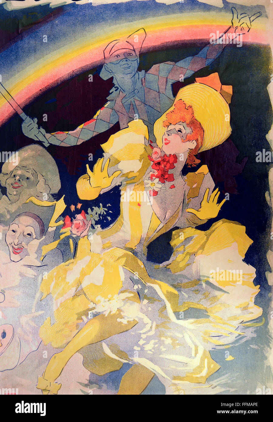 Affiches, affiche publicitaire pour le ballet pantomime 'l'Arc en ciel' (l'arc-en-ciel) à la salle de musique 'Folies Bergère' à Paris, lithographie couleur de Jules Cheret (1836 - 1932), 1893, 122 x 87 cm, Die Neue Sammlung (la Nouvelle Collection), Munich, droits additionnels-Clearences-non disponible Banque D'Images