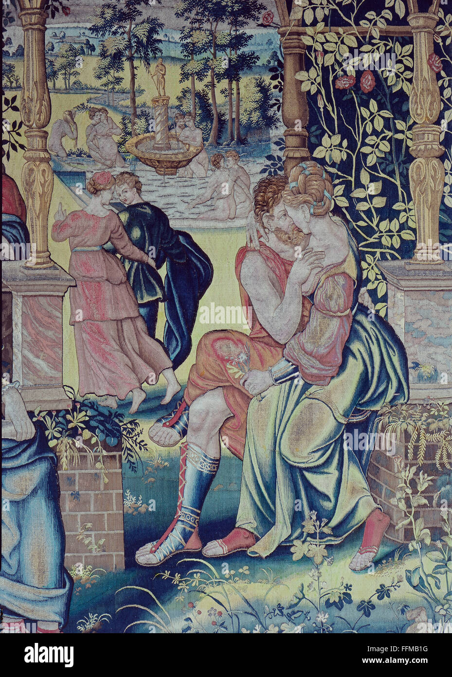 Allégories, 'l'influence de la planète Vénus sur les activités des humains', tapisserie, détail, Bruxelles, vers 1570 / 1580, de la série planètes, laine, tricoté, fil d'or, 350 x 540 cm, Musée national bavarois, Munich, Allemagne, droits additionnels-Clearences-non disponible Banque D'Images