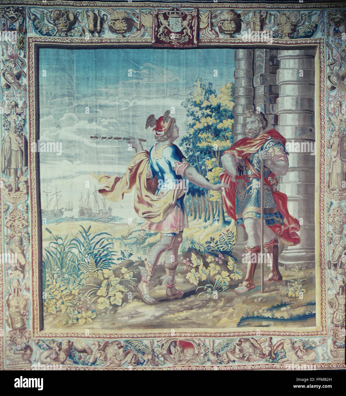 Aeneas, figure légendaire grecque, pleine longueur, avec dieu Mercure, tapisserie, Bruxelles, premier demi-XVIIe siècle, trésor suédois, château de Stockholm, Banque D'Images