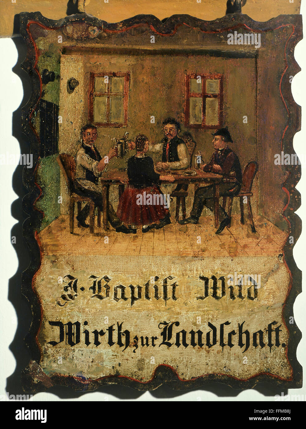 Gastronomie, auberges, auberge signe de Johann Baptist Wild, Wirth zur Landschaft, 2ème moitié du 19ème siècle, bois, peint, haute-Bavière, 67 x 34 cm, musée d'histoire locale, Wasserburg, 19ème siècle, beaux-arts, art, artisanat, artisanat, artisanat, art, Bavière, gastronomie, taverne, inn, tavernes, restaurant, restaurants, pub, pubs, panneau, assis, tableau, Tables, boire, boire, bière, bières, mug à bière, tasses à bière, tankard, tankards, dire des acclamations, dire des acclamations, historique, historique, personnes, droits supplémentaires-Clearences-non disponible Banque D'Images