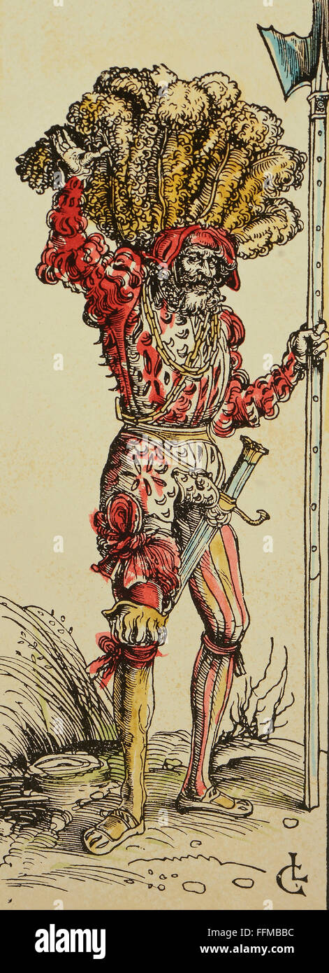Militaire, lansquenets, lansquenet avec halberd et béret avec plumes d'autruche, taillé de bois de couleur par Lukas Cranach l'aîné (vers 1475-1553), 1504, droits additionnels-Clearences-non disponible Banque D'Images