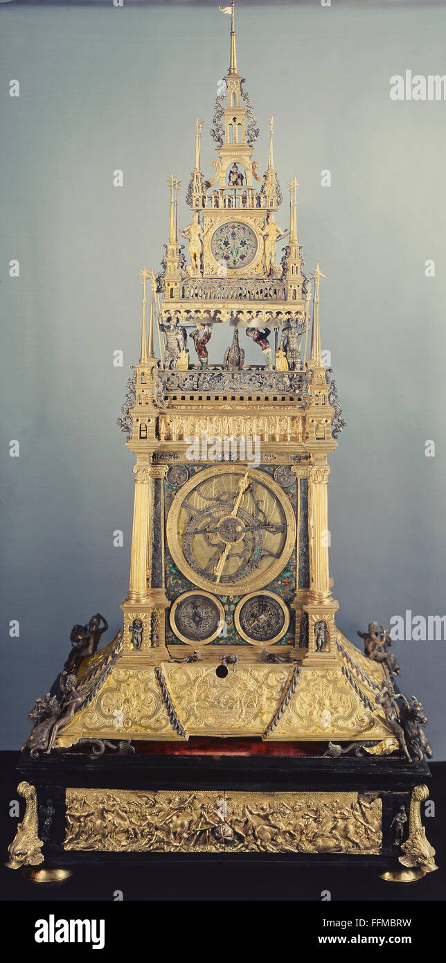 Horloges, horloge de table, laiton, plaqué or, bronze, argent, émaillé, par Paulus Schuster, Nuremberg, vers 1587, droits additionnels-Clearences-non disponible Banque D'Images