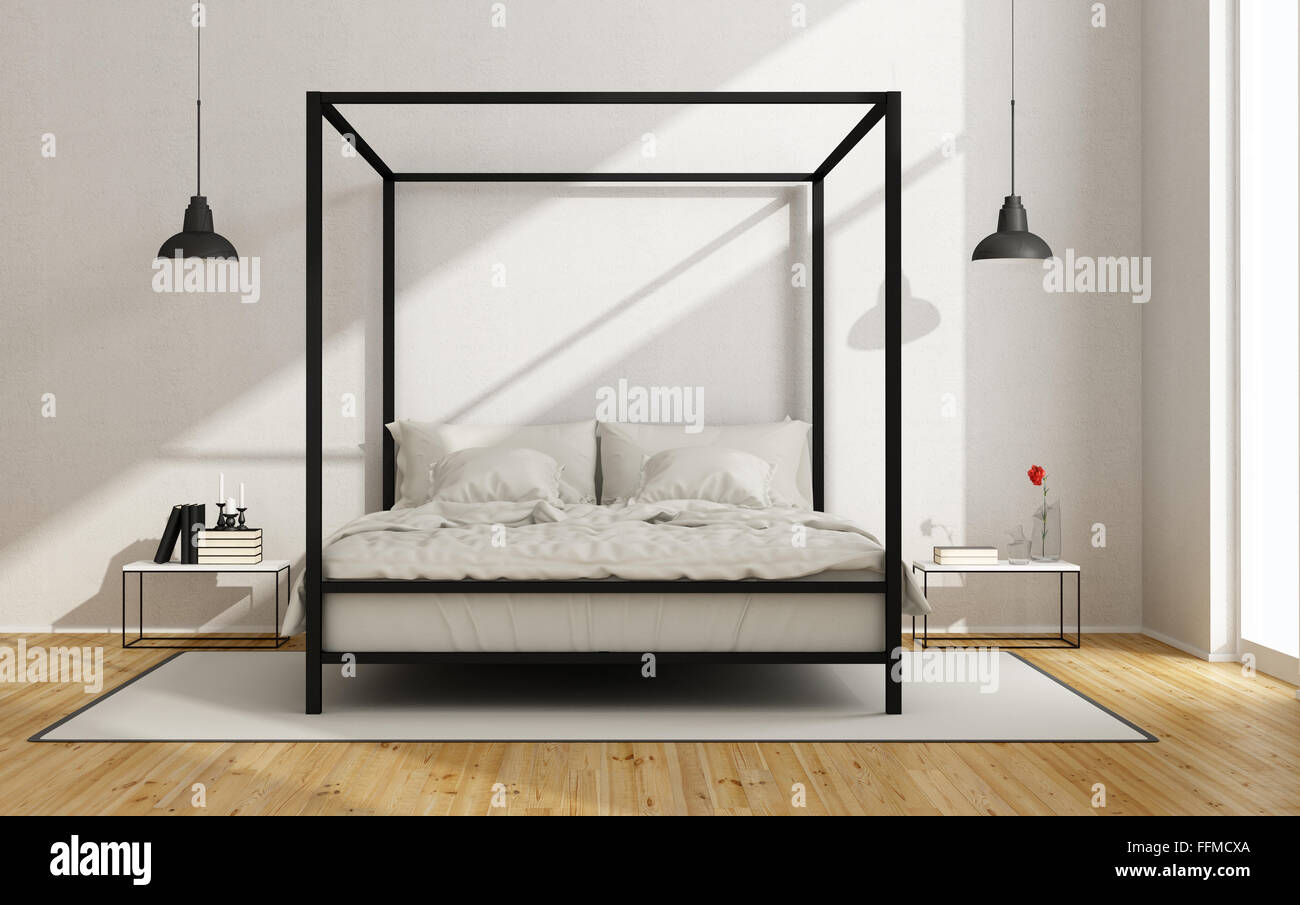 Chambre avec lit à baldaquin blanc en style minimaliste - le rendu 3D Banque D'Images