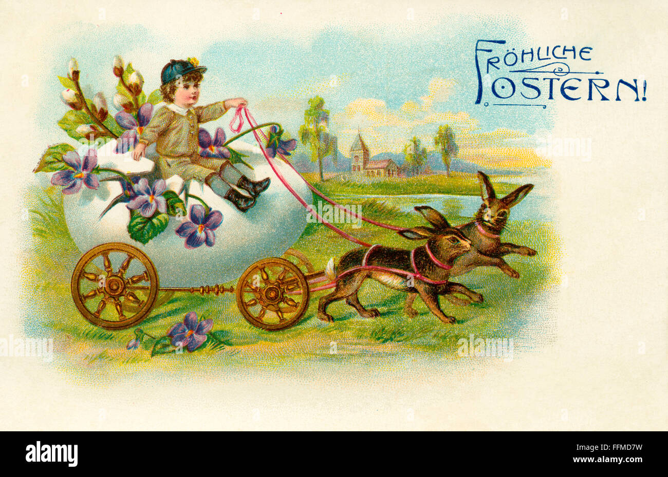 Carte de Pâques envoyée 1909, avec le texte 'joyeuses Pâques', un petit garçon sur un oeuf avec des roues, tirer par lires, Allemagne, 1909, droits supplémentaires-Clearences-non disponible Banque D'Images