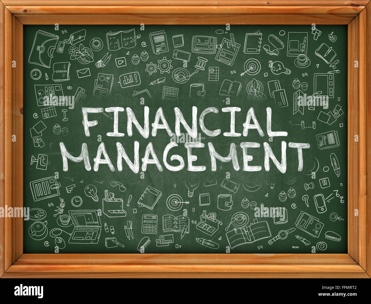Tableau vert dessiné à la main avec la gestion financière. Banque D'Images