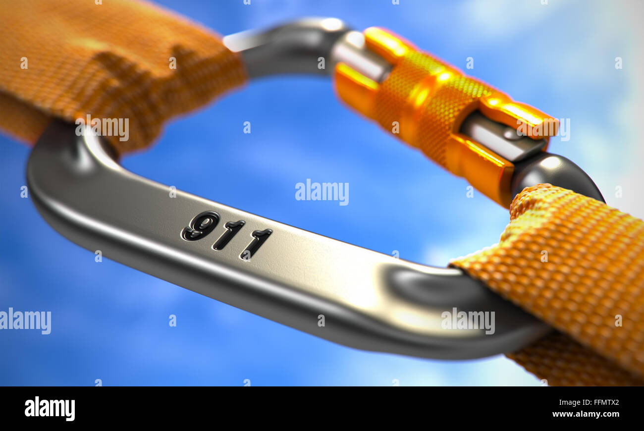 Mousqueton chromé avec texte 911. Banque D'Images