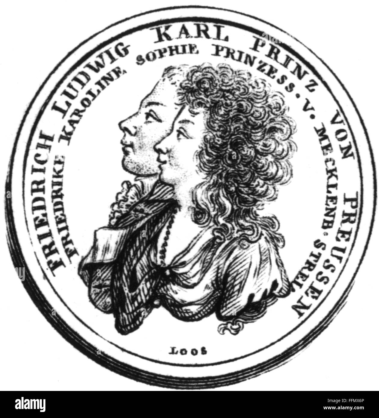 Louis Charles, 5.11.1773 - 28.12.1796, prince de Prusse, général prussien, portrait, avec épouse Frederica de Mecklembourg-Strelitz, en pièce de monnaie à l'occasion de leur mariage, 26.12.1793, dessin, 1793, Banque D'Images