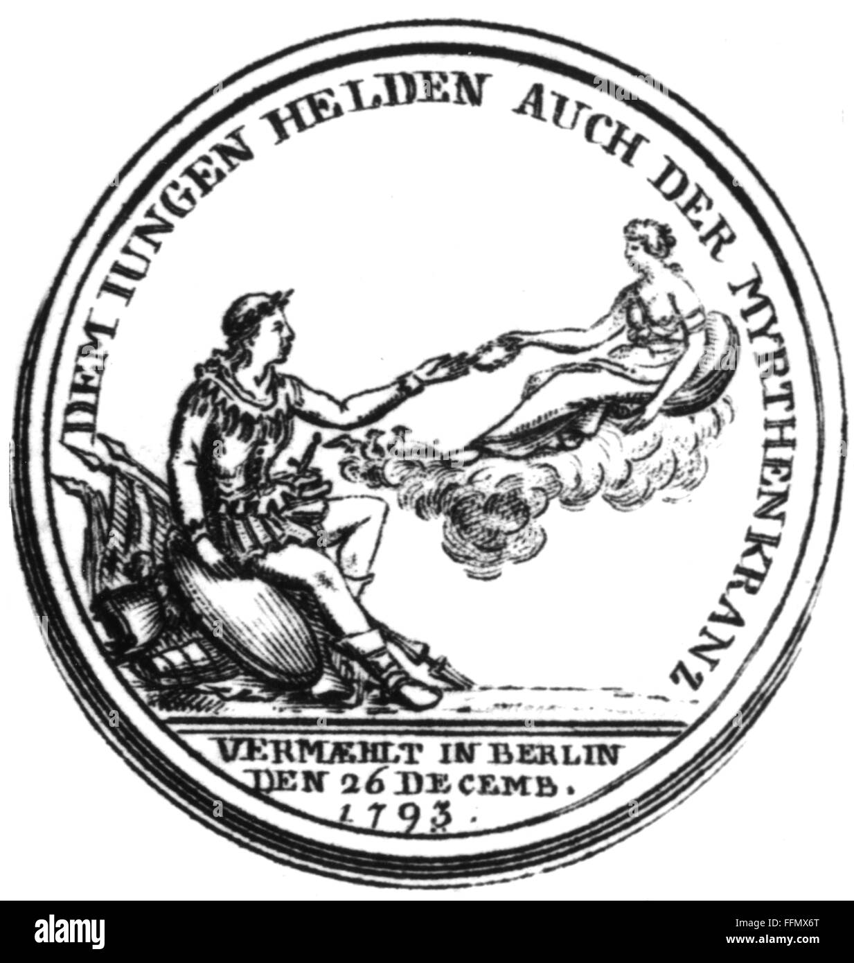Louis Charles, 5.11.1773 - 28.12.1796, prince de Prusse, général prussien, allégorie sur pièce à l'occasion de son mariage avec Frederica de Mecklembourg-Strelitz, 26.12.1793, dessin, 1793, Banque D'Images