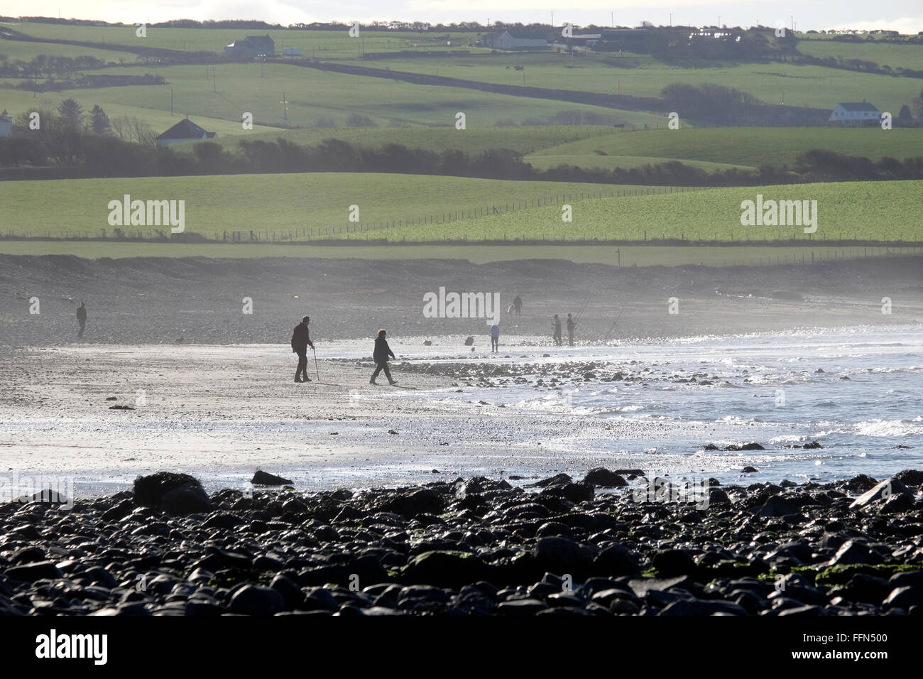 Llanrhystud plage à marée basse en automne/hiver, montrant les randonneurs et les pêcheurs. Banque D'Images