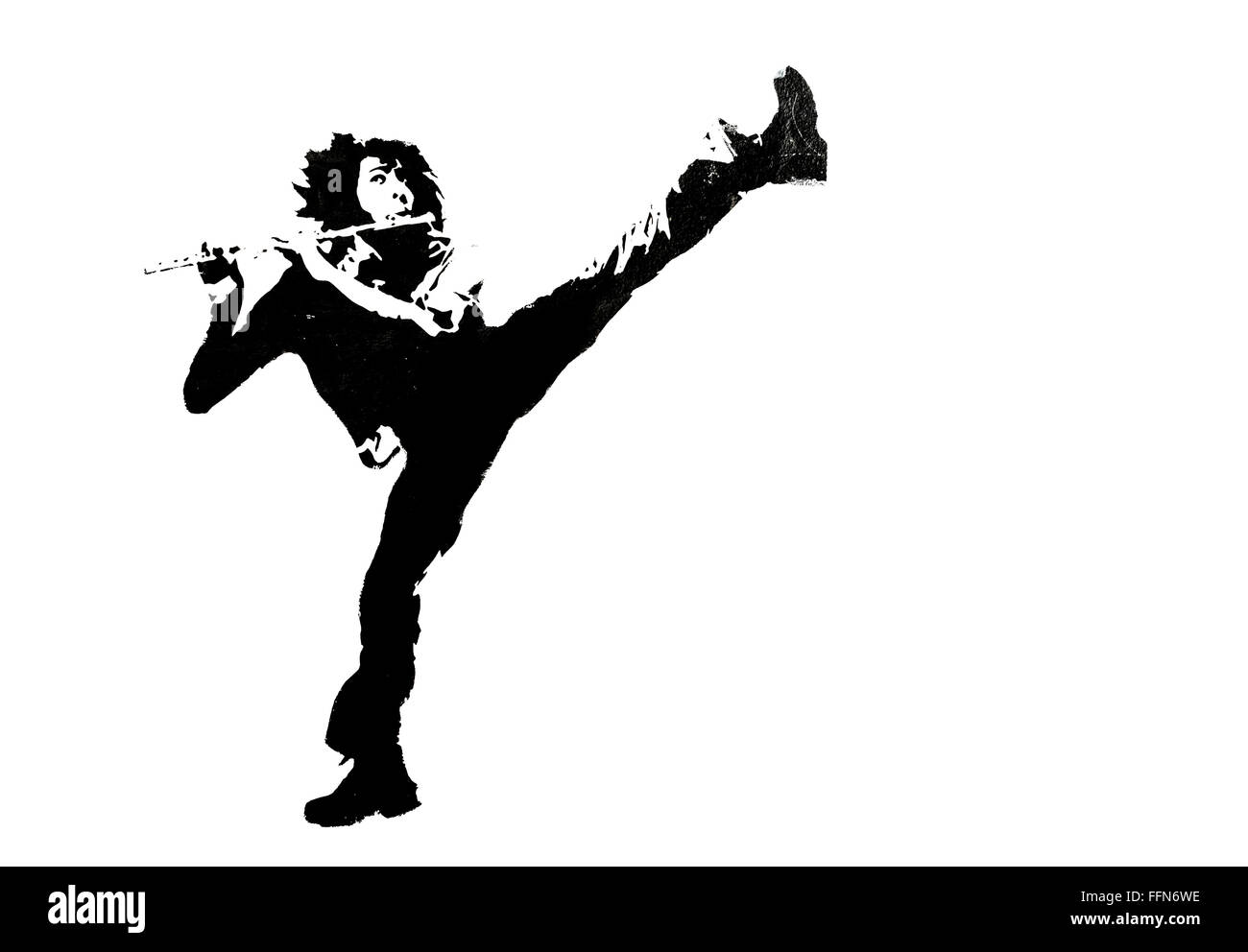 Street art stencil graffito montrant un joueur de flûte Banque D'Images