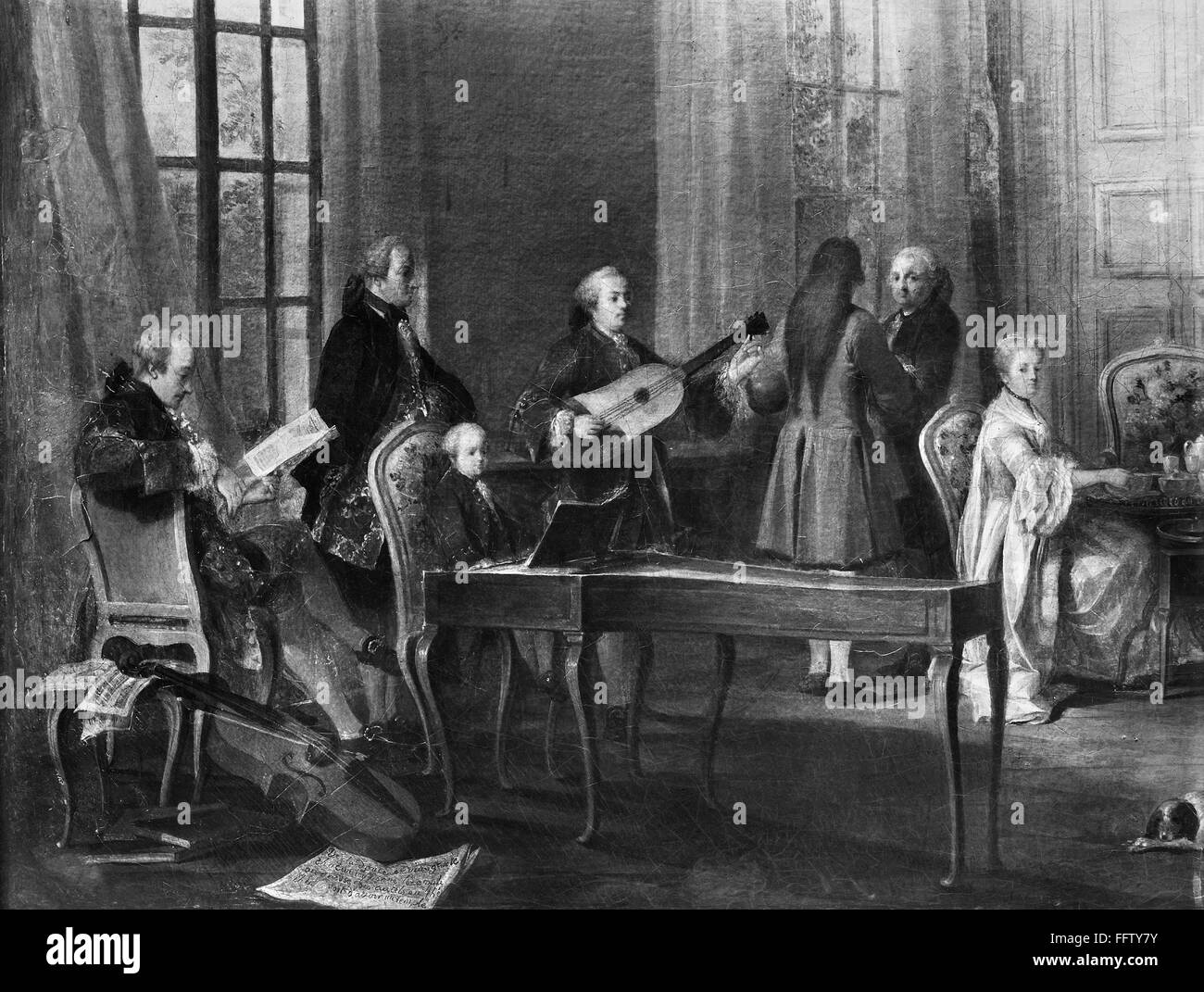 WOLFGANG Amadeus MOZART /n(1756-1791). Compositeur autrichien. Mozart,  l'âge de 10 ans, à jouer du clavecin à l'heure du thé dans le Paris accueil  du Prince de Conti (à droite, le dos tourné)