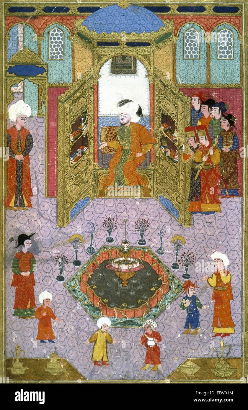 EMPIRE OTTOMAN : Bibliothèque. /NSultan Murad III (1546-1595) dans sa bibliothèque. Miniature turque, c1582. Banque D'Images