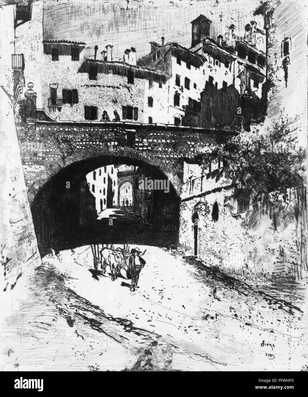 Italie : Sienne, 1883. /NA man passant sous une arche avec ses bœufs dans une rue de Sienne, Italie. L'eau-forte, 1883, par Joseph Pennell. Banque D'Images