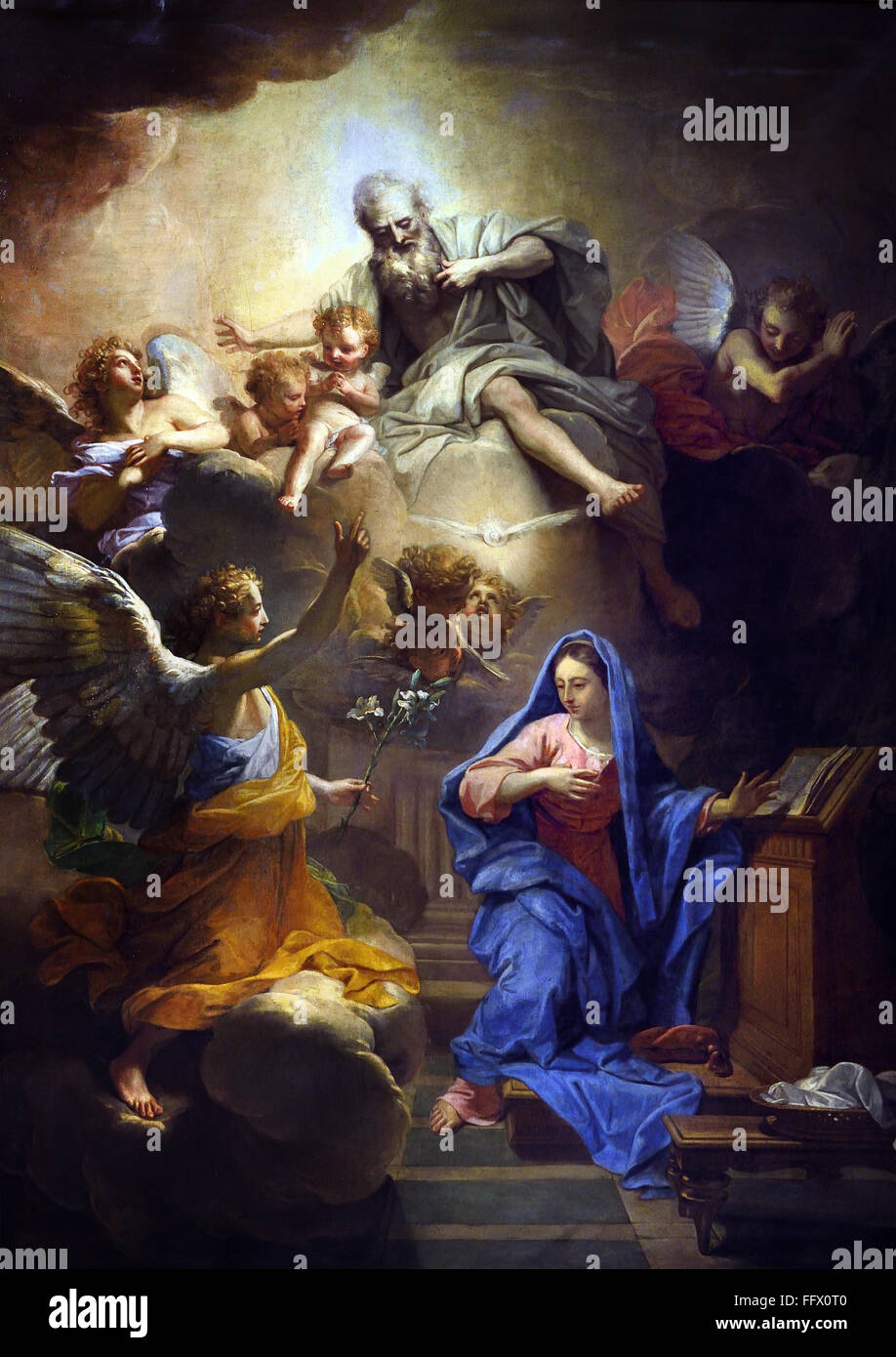 Annonciation 1684 Jean Jouvenet 1644 1717 France Annonciation française, bénie, Vierge Marie, l'annonce par l'ange Gabriel, Marie qu'elle concevrait, porte un fils par une naissance vierge, devenir la, mère de Jésus Christ, Messie chrétien et fils de Dieu, incarnation, Banque D'Images