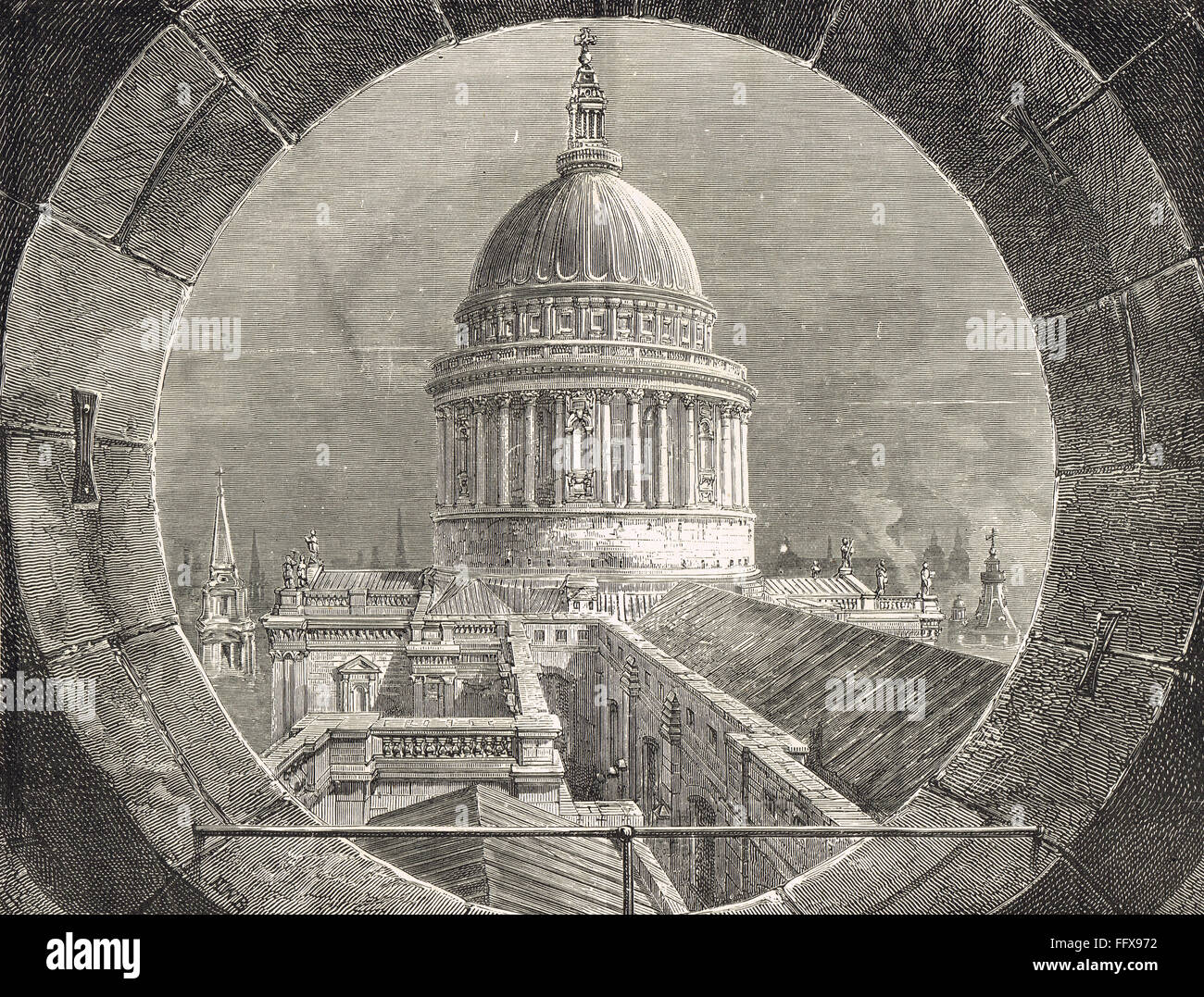 Gravure 1885 Vue inhabituelle de la Cathédrale St Paul les toits et Dome de la North West Tower Beffroi Banque D'Images