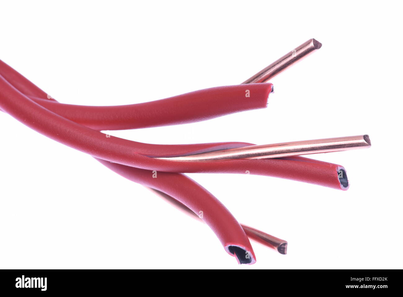 Dénuder le fil électrique rouge ou câble isolé sur fond blanc Banque D'Images