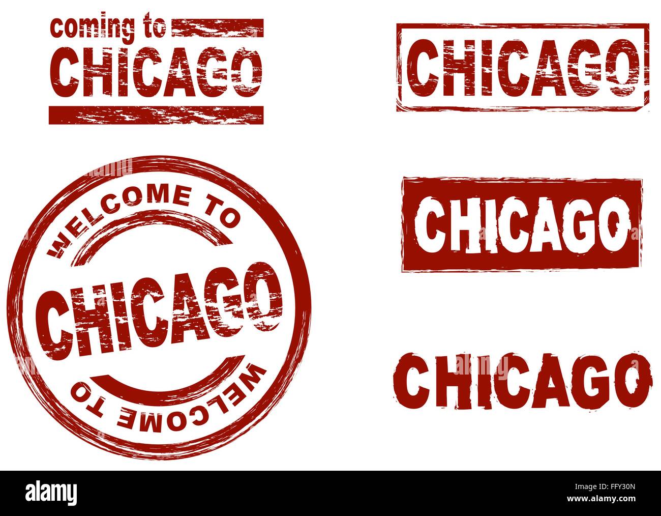 Ensemble de timbres d'encre stylisé montrant la ville de Chicago Illustration de Vecteur