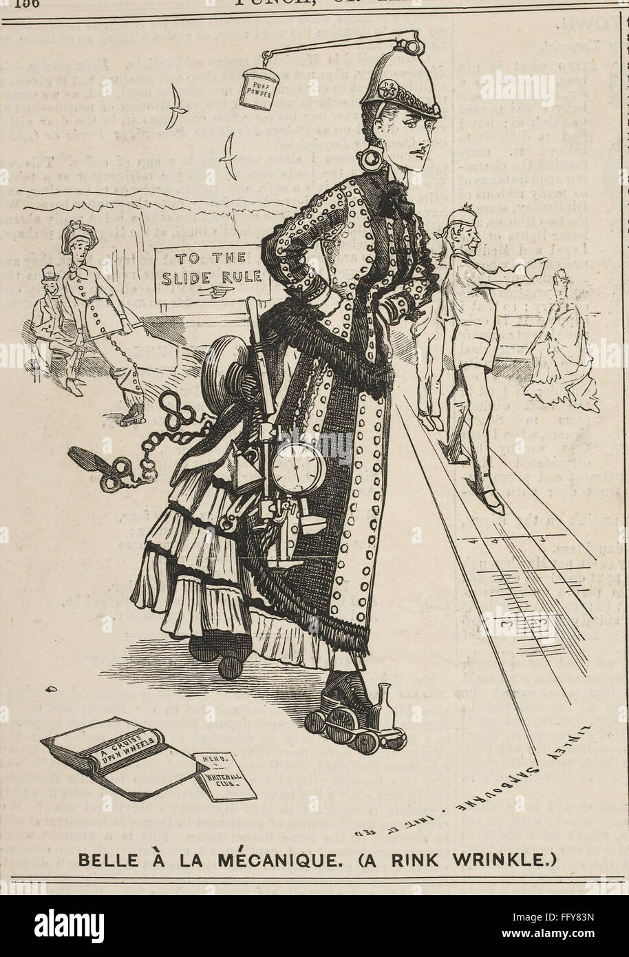 Ce dessin animé vintage, intitulé 'belle … la mécanique,' dépeint une scène humoristique d'une femme debout sur un train modèle, offrant une vision satirique du progrès mécanique. L'illustration critique ludique la fusion de la mode et de la technologie, dans un style fantaisiste et exagéré. Banque D'Images