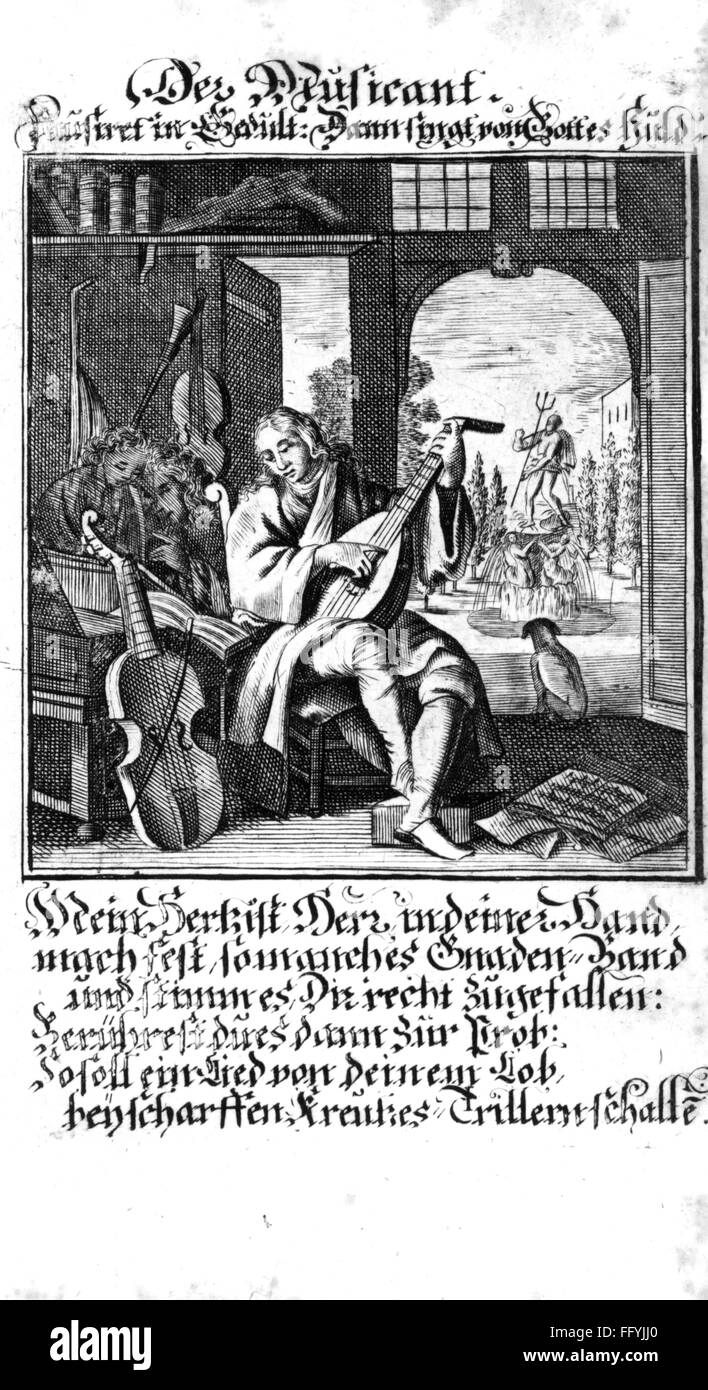 Musique, musiciens, 'Le musicien', gravure sur cuivre de l'taendebuch" de Christoph Weigel, 1698, avec poème de Abraham a Santa Clara, l'artiste n'a pas d'auteur pour être effacé Banque D'Images