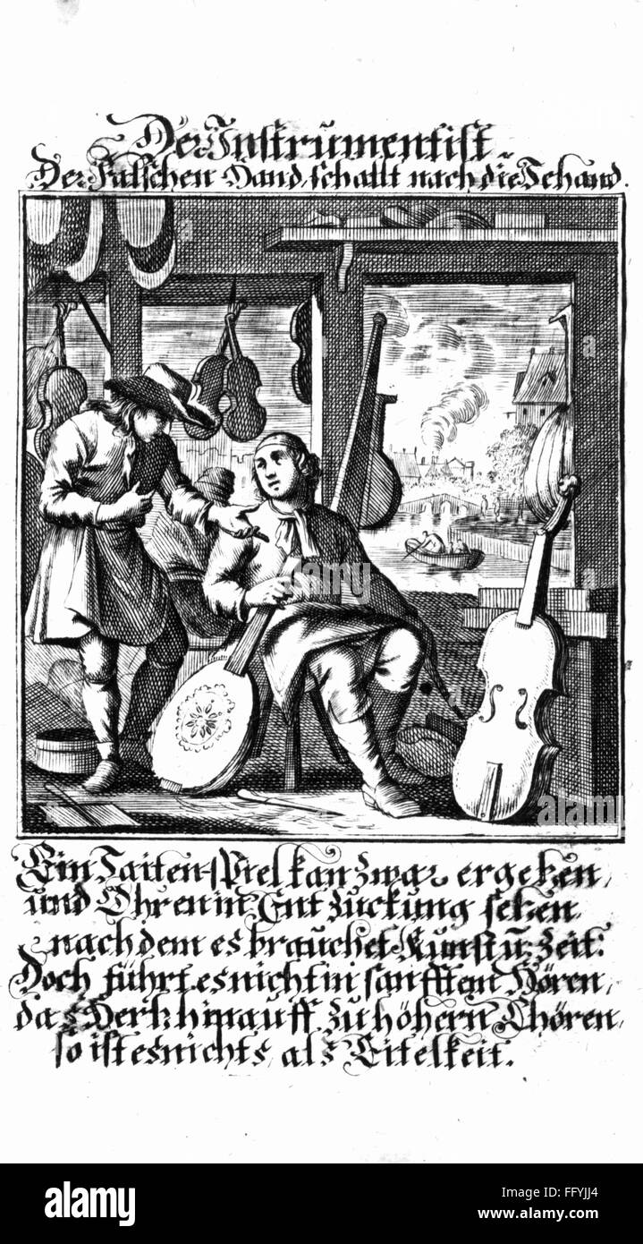 La musique, musicien, "l'instrumentiste', gravure sur cuivre de l'taendebuch" de Christoph Weigel, 1698, avec poème de Abraham a Santa Clara, l'artiste n'a pas d'auteur pour être effacé Banque D'Images