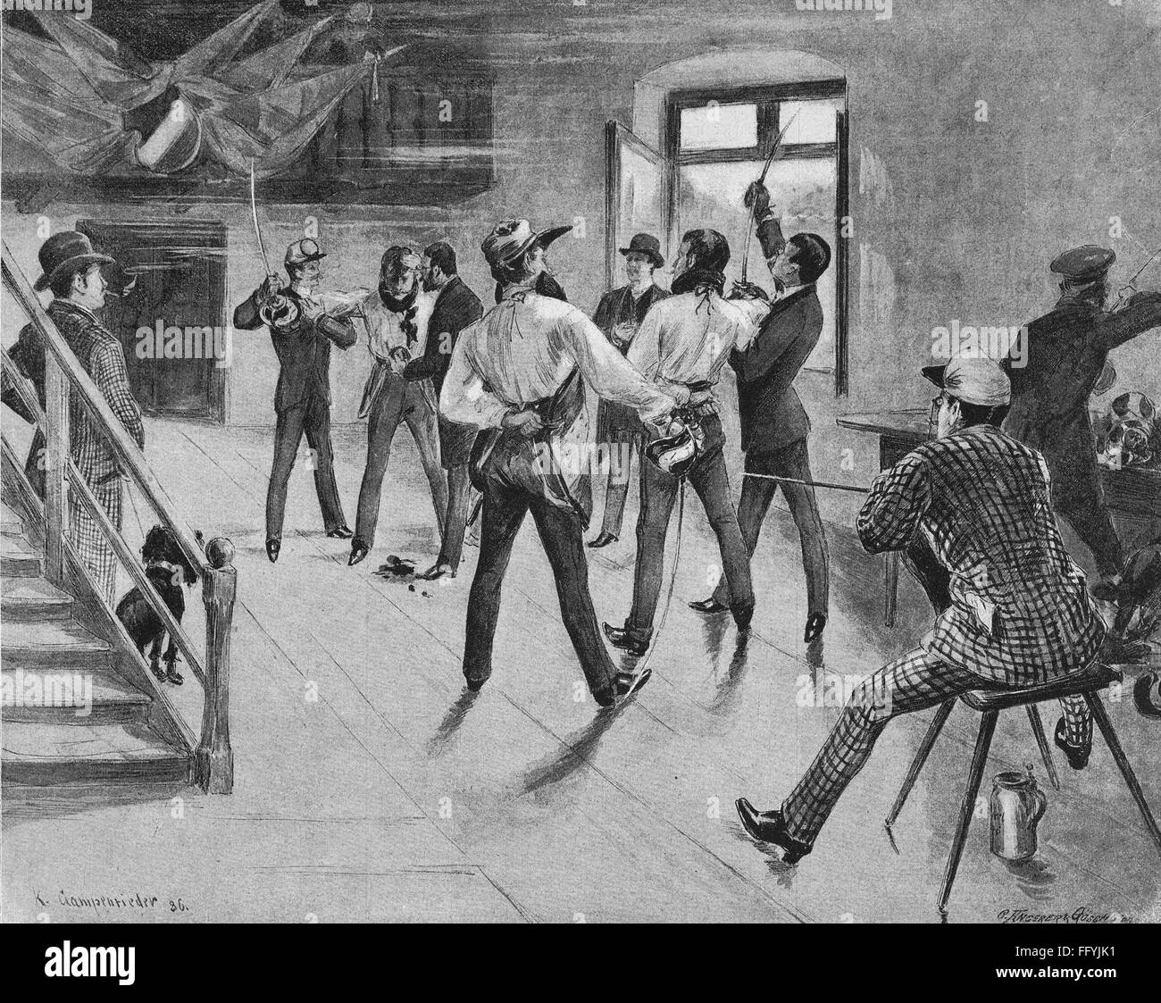 Pédagogie, étudiants, escrime académique, après dessin par Karl Gampenrieder (1860 - 1927) für den Roman 'Götz und Gisela' von Wilhelm Jensen (1837 - 1911), gravure en bois par C.Angerer & Göschl, 1886, droits additionnels-Clearences-non disponible Banque D'Images