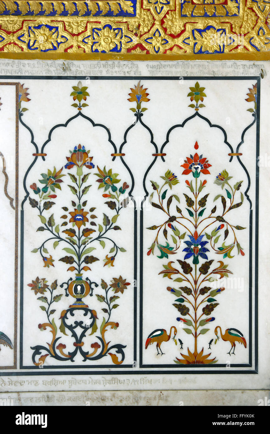 Inlay de marbre, Pietra dura, Sikh Gurudwara, Hazur Sahib, Takht Sachkhhand Sri Hazur Abchalnagar Sahib, Nanded, Maharashtra, Inde, Asie, Indien, asiatique Banque D'Images