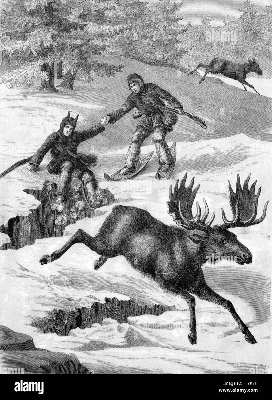 Chasse, orignal, chasse à l'orignal en hiver, gravure sur bois, 1860, droits supplémentaires-Clearences-non disponible Banque D'Images