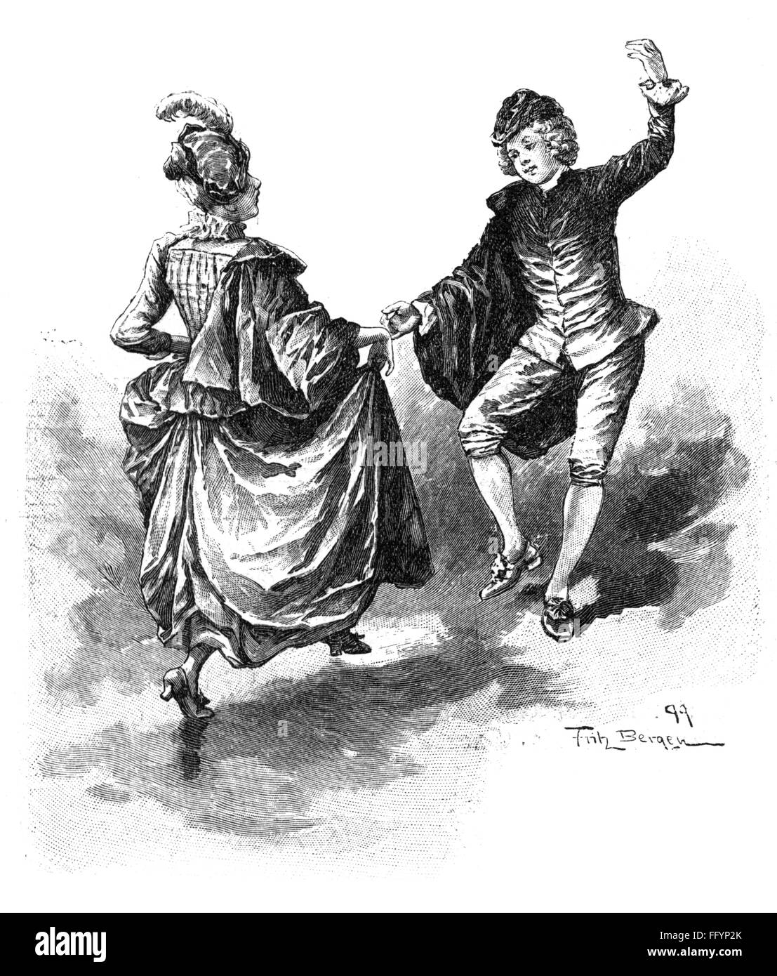 Danse, sarabande, forme hollandaise, couple dansant, début du XVIIIe siècle, gravure en bois par Fritz Bergen, 1899, droits additionnels-Clearences-non disponible Banque D'Images