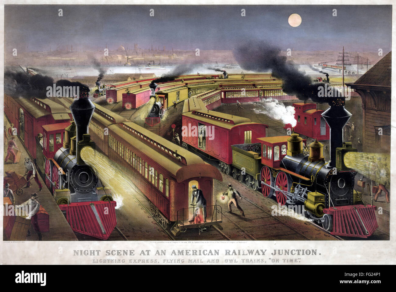 Jonction ferroviaire, c1876. /N'scène de nuit à une jonction