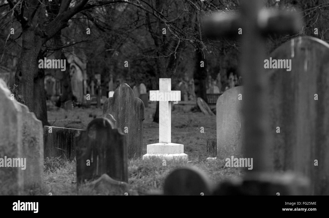 Une croix est entouré par les monuments funéraires dans le cimetière de Brompton, à l'ouest de Londres le 21 janvier 2016. Photographie d'auteur-John Voos Banque D'Images