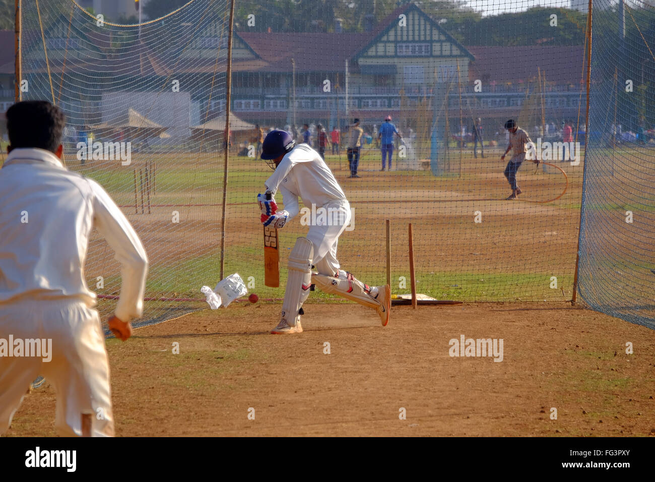 Le cricket dans les filets sur le Maidan, dans le centre de Mumbai, Inde Banque D'Images