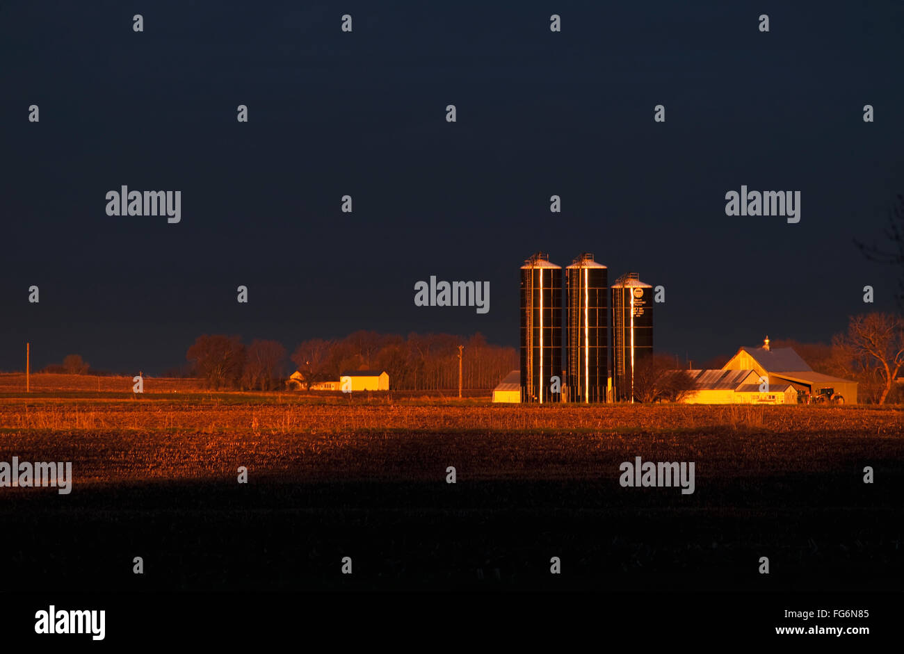 Agriculture - lever du soleil spectaculaires à travers la coulée de lumière et d'une jachère maïs récoltés ferme à silos Harvestore / près de Truman, Minnesota, USA. Banque D'Images