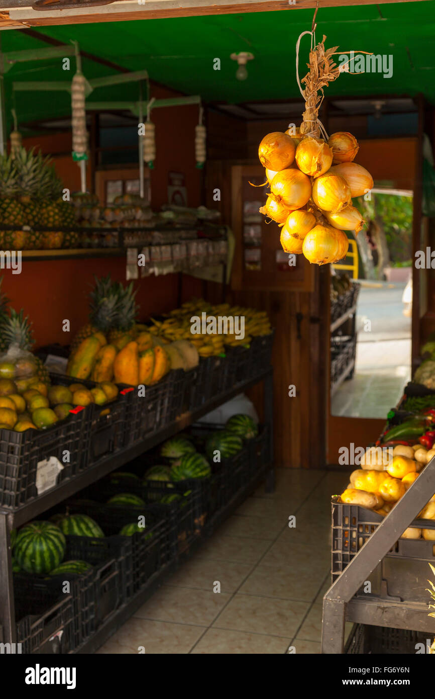 Oignons suspendu dans un petit marché de fruits et légumes de Quepos, province de Puntarenas, Costa Rica. Banque D'Images