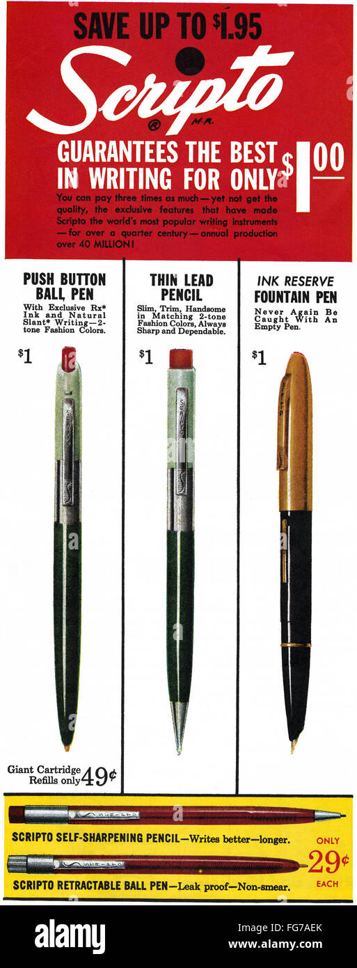 AD : SCRIPTO, 1957. Annonce nAmerican /Scripto pour stylos et crayons, 1954  Photo Stock - Alamy