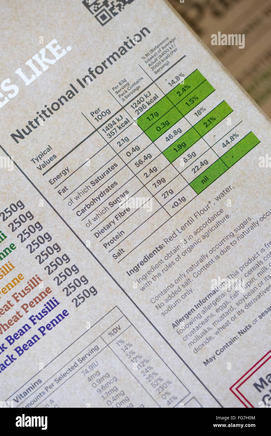 L'information nutritionnelle sur les paquets de pâtes vraiment sain. Banque D'Images