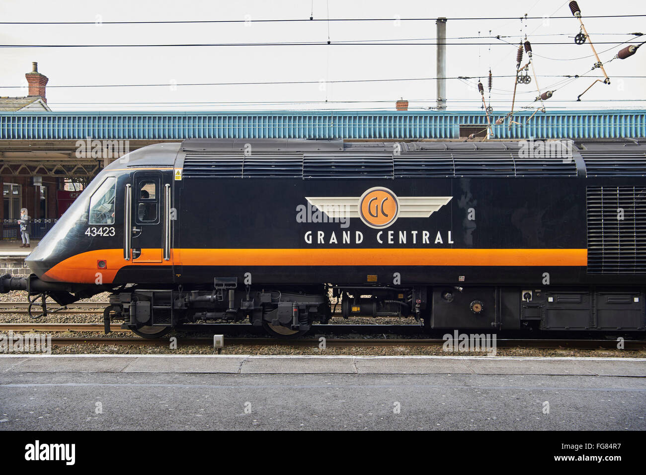 Grand Central Railway Train, à la gare de Doncaster, dans le Yorkshire du Sud, du nord de l'Angleterre Banque D'Images