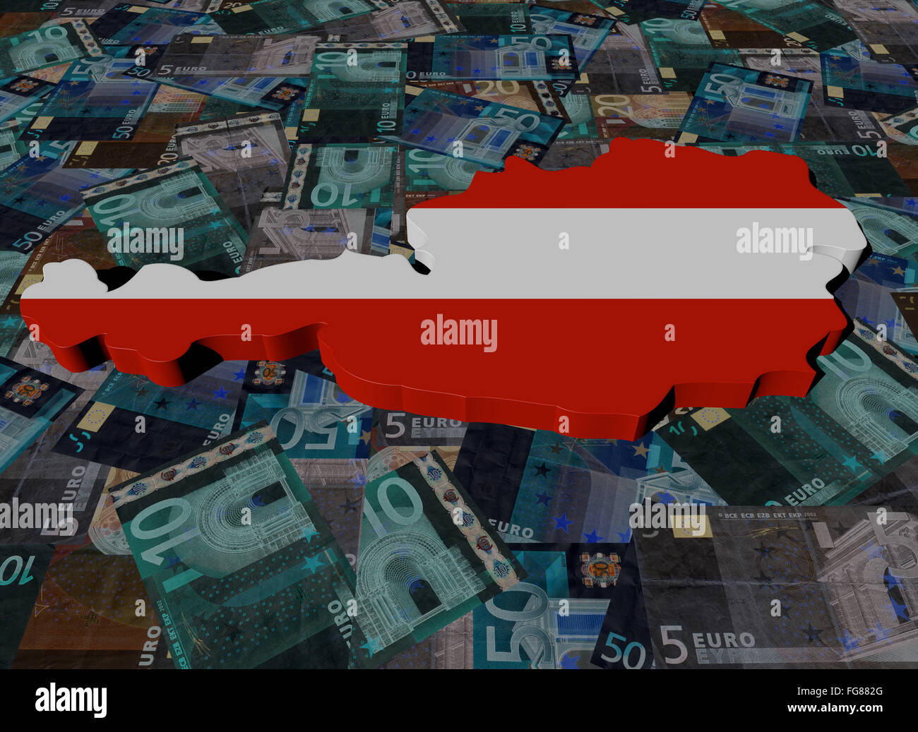 Autriche Carte Drapeau sur Euros illustration Banque D'Images