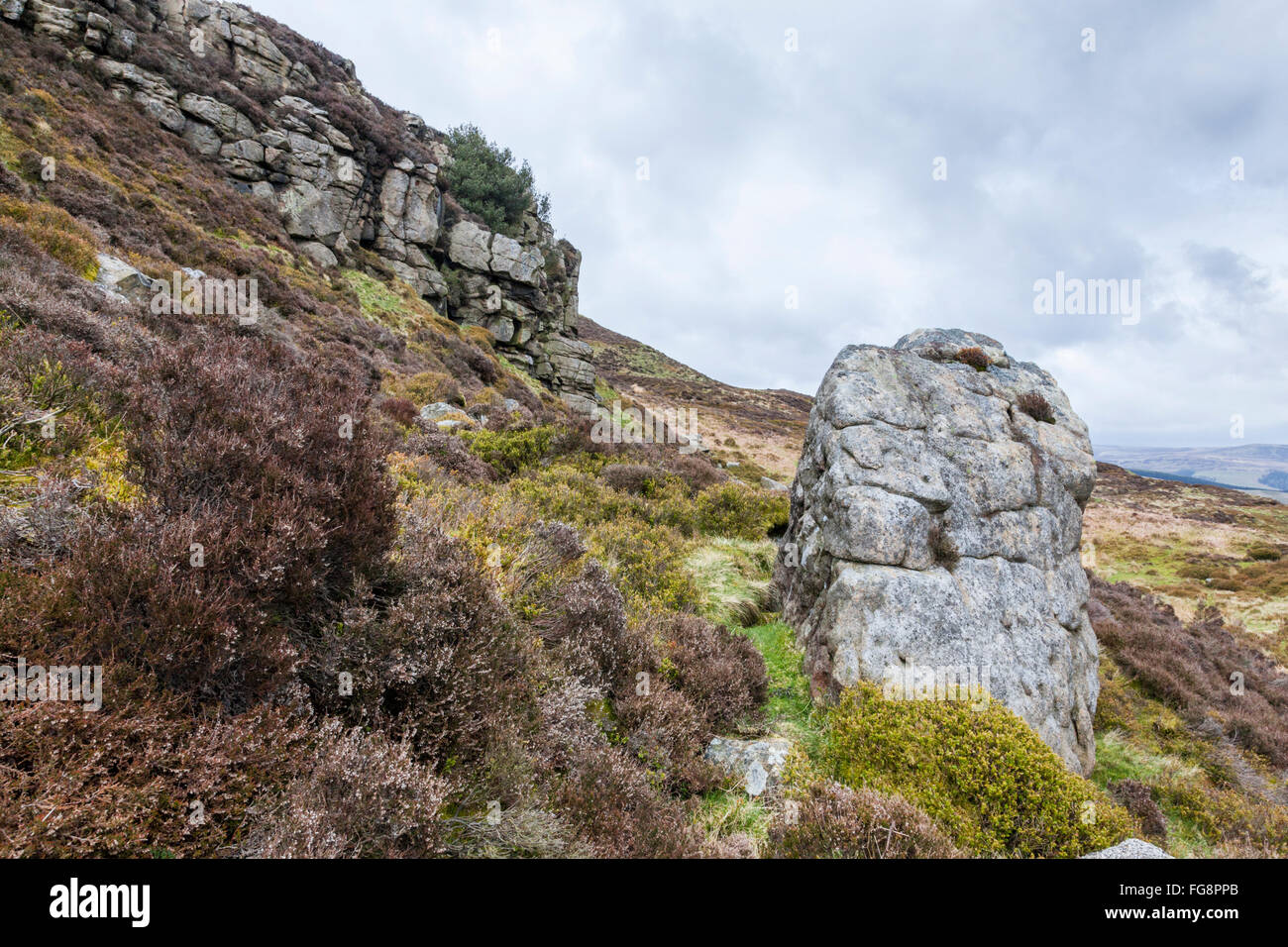 Pic noir moorland. Sur Crookstone rock pierre meulière de Moor au pied de la bordure orientale de Kinder Scout, Derbyshire Peak District, England, UK Banque D'Images