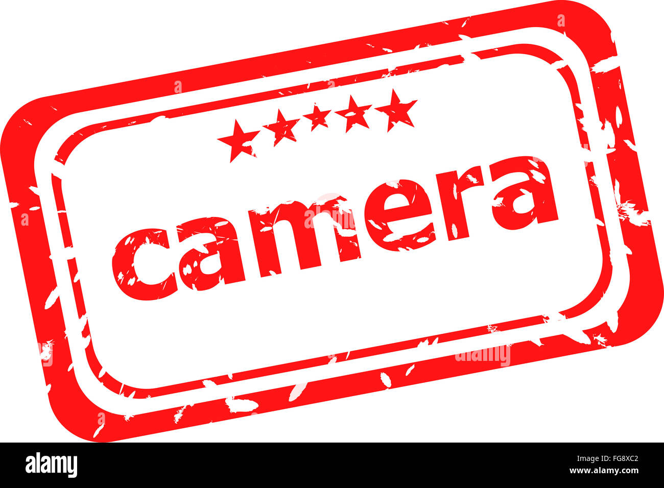 Appareil photo sur timbres en caoutchouc rouge sur un fond blanc Banque D'Images