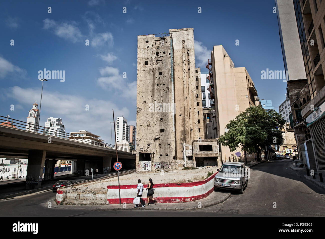 Shot-up house s'est battu à pendant la guerre civile "ligne verte" à Beyrouth. Banque D'Images