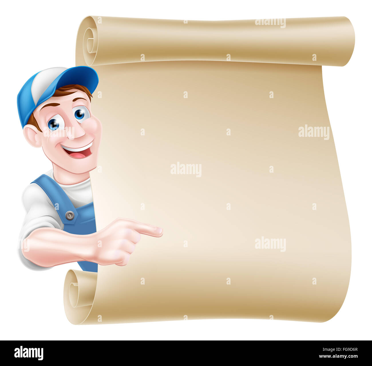 Caricature de pointage, plombier, mécanicien, bricoleur ou jardinier décorateur leaning autour d'un parchemin et pointant sur elle Banque D'Images