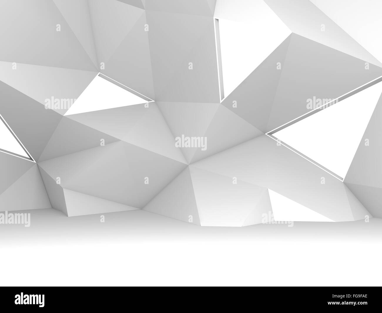 Abstract 3d intérieur moderne blanc avec relief polygonale chaotique sur le mur et lampes pour l'éclairage doux triangle Banque D'Images